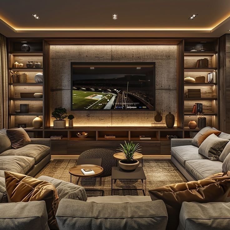 Living room with custom shelving